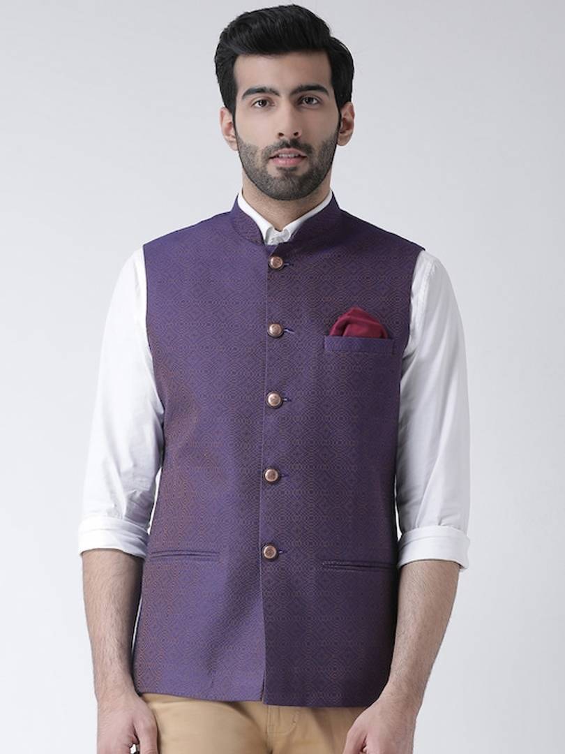 Men's Purple 
Cotton Blend
 Woven Design Nehru Jackets